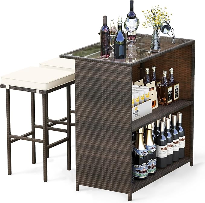 Tangkula Patio Bar Set, 3 Piece Outdoor Rattan Wicker Bar Set by TANGKULA