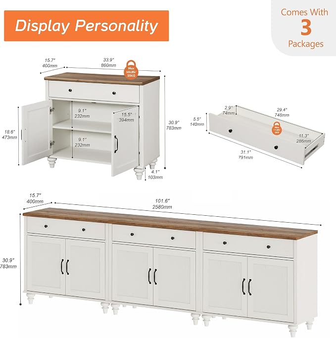 WAMAPT Buffet Cabinet with 6 Doors and 3 Drawers, Large Coffee Bar Table Wood - Image 2
