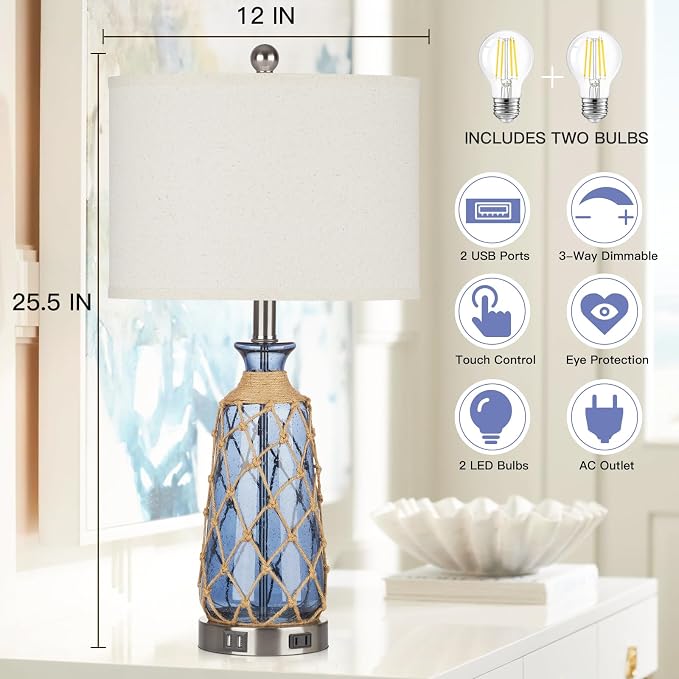 Ruzectt 25.5" Coastal Glass Table Lamps Set of 2, 3-Way Dimmable Touch Control - Image 4