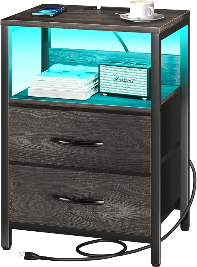 Yoobure Nightstand with Charging Station, LED Night Stand with Fabric Drawers by Yoobure
