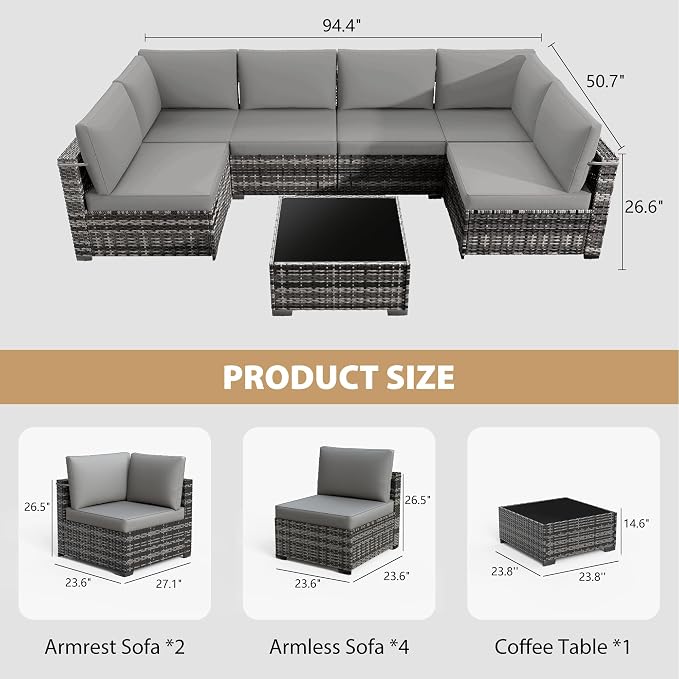KIGOTY Patio Furniture Set, 7 Pieces Modular Outdoor Sectional Sofa, PE Rattan - Image 3