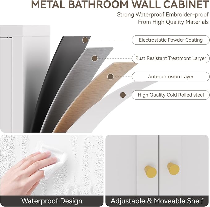 YAUWOH Metal Bathroom Storage Cabinet, Metal Storage Cabinet - Image 6