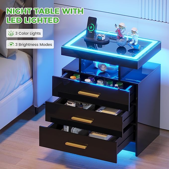 HNEBC Night Stand Set 2 with LED Lights, High Gloss Nightstand with 3 Drawers - Image 3