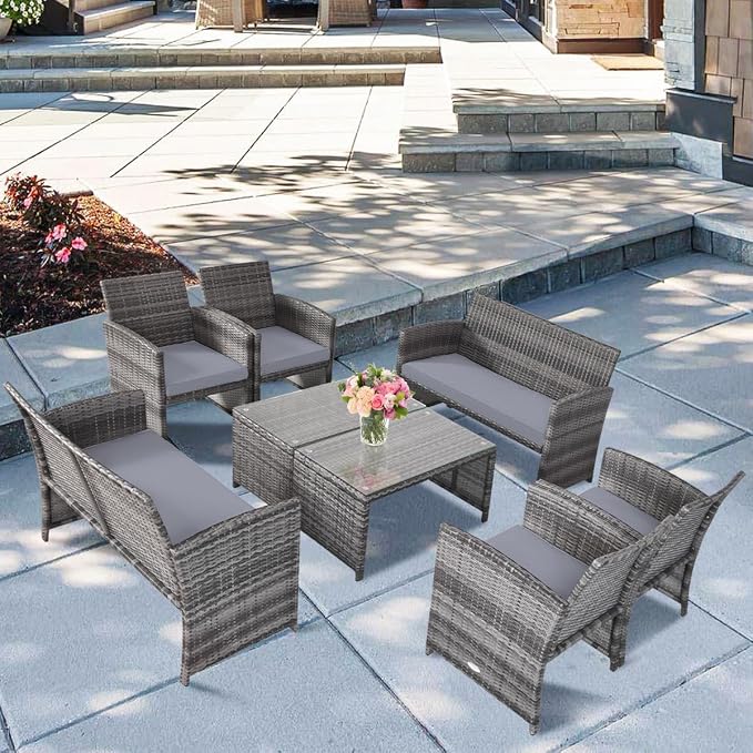 Tangkula 8 Pieces Patio Wicker Conversation Furniture Set, Patiojoy Sofa & - Image 2