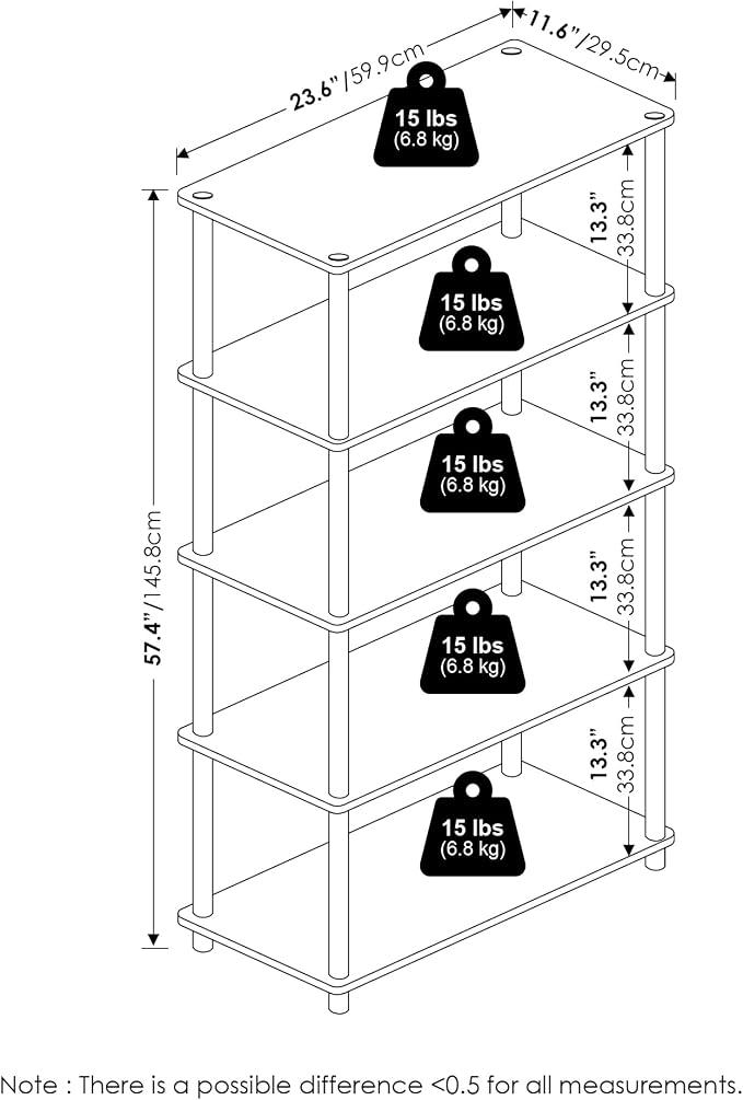 Furinno TURN-N-TUBE Storage Shelves, 5-Tier Book Shelf, Corner Shelf, Toolless - Image 3
