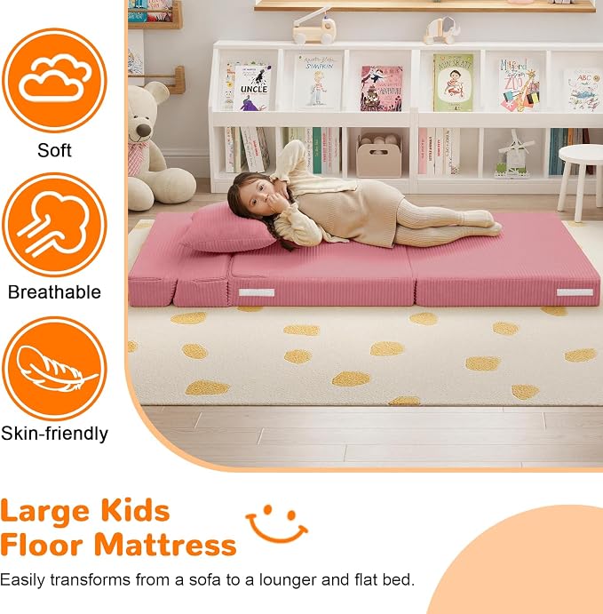 MeMoreCool Kids Folding Sofa – Corduroy Floor Futon Chair, Tri-Fold Mattress - Image 4