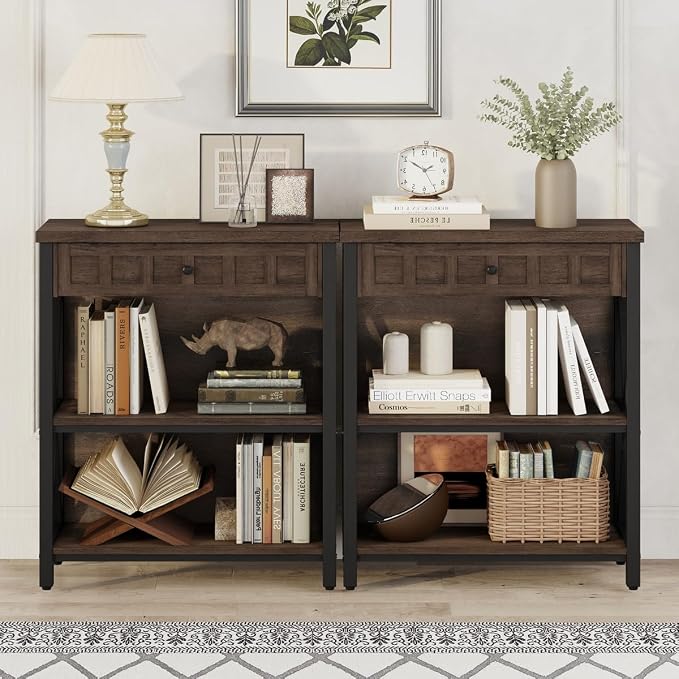 FATORRI Small Bookcase with Drawer, Industrial 3 Shelf Bookshelf, Wood and - Image 5