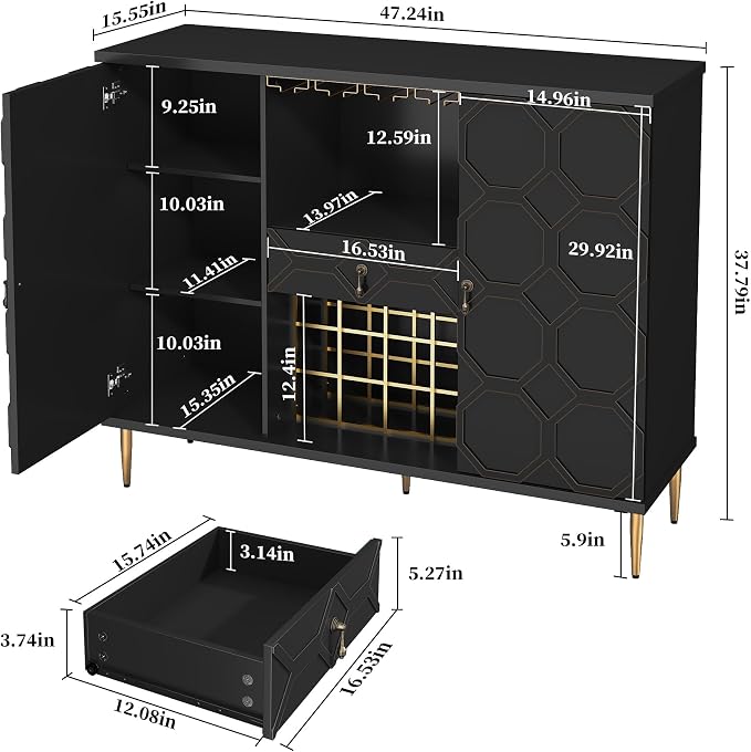 Modern Bar Cabinet with Drawer, Liquor Cabinet with Wine Glass Racks and Shelves - Image 2