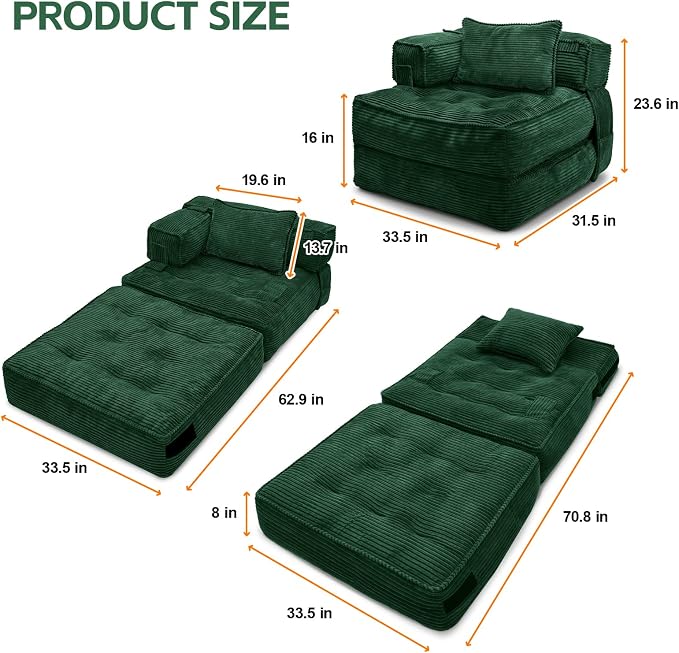 Folding Sofa Bed Chair with Armrests, Convertible Futon Couch Sleeper Chair - Image 2