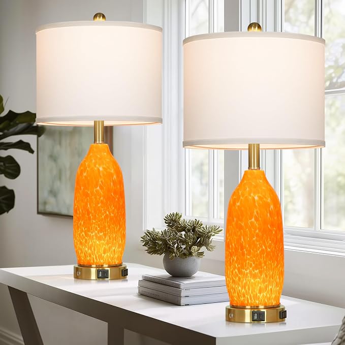 Rinweey 26" Modern Orange Glass Table Lamp Set of 2, Bedside Lamps - Image 4