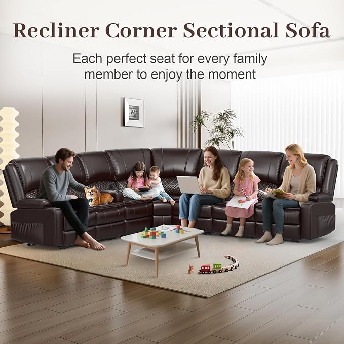 Yolsali Manual Reclining Sectional Sofa Set, 7 Seats Soft Leather Recliner - Image 6