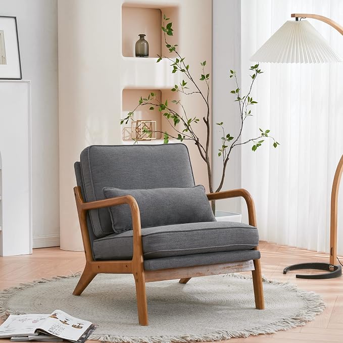 VINGLI Linen Dark Grey Comfy Accent Chair, Mid Century Modern Lounge Armchair by VINGLI