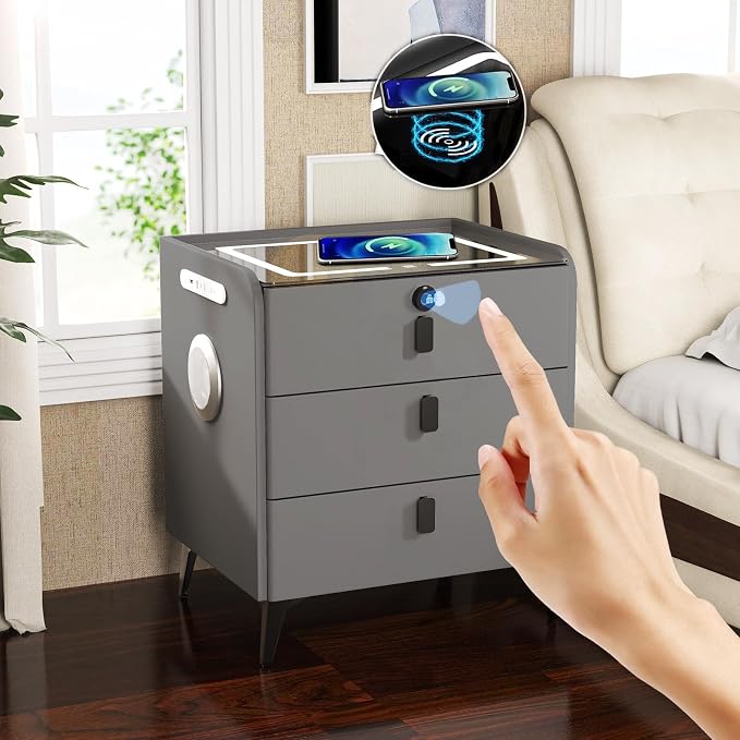 Smart Nightstand with Fingerprint Lock Drawer, Nightstand with Wireless Charging - Image 3
