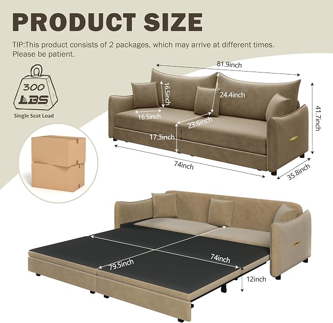 KEIKI 81.9" King Pull-Out Sofa Bed, 3-in-1 Convertible Sleeper Couch - Image 2