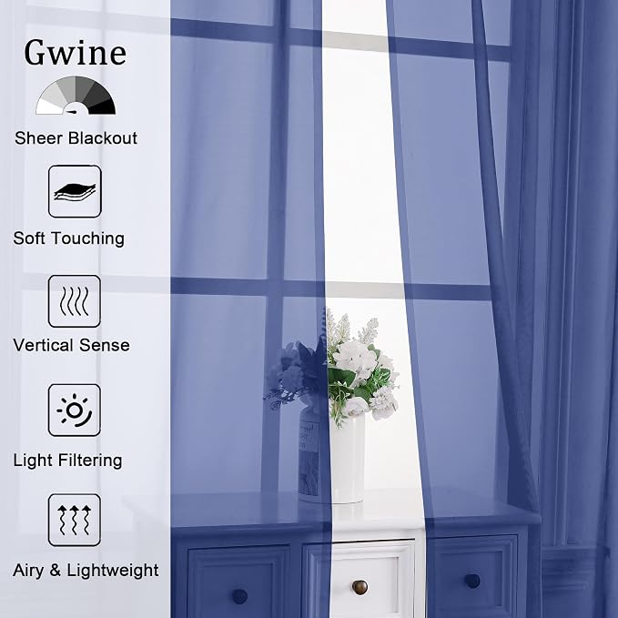 Gwine Royal Blue Sheer Curtains 90 Inches Long 2 Panels Set, Light Filtering - Image 2