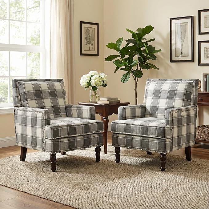 Plaid Accent Chair, Mid-Century Modern Armchair, Upholstered Decorative Reading - Image 2
