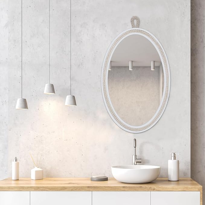 Oval Mirrors for Wall Decor Small White Nautical Rope Mirror Hanging Decorative - Image 3