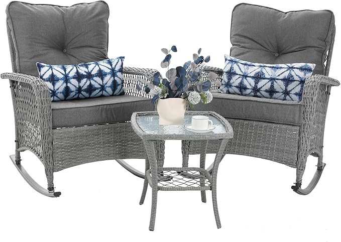 Patio Furniture Set 3 Pieces, Wicker Outdoor Rocking Bistro Set by VonzoyHome