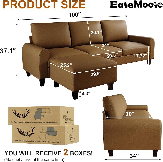 EASE MOOSE Large Seat Faux Leather L Shaped Sofa, Waterproof and - Image 2