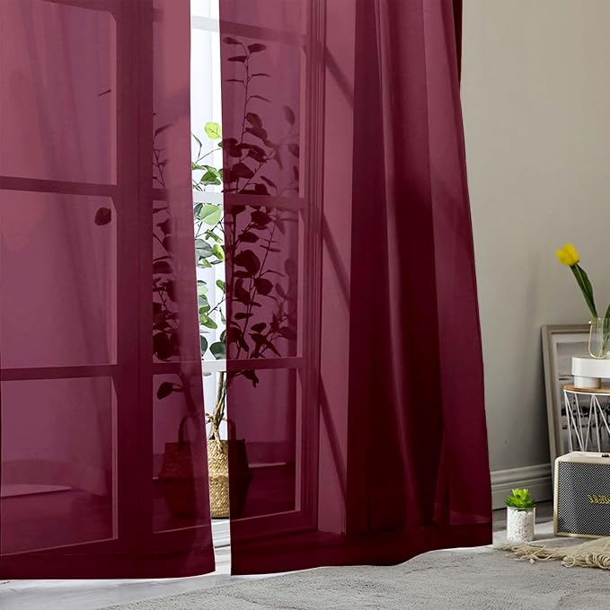 Burgundy Sheer Curtains 84 Inches Long 2 Panels Set - Image 8