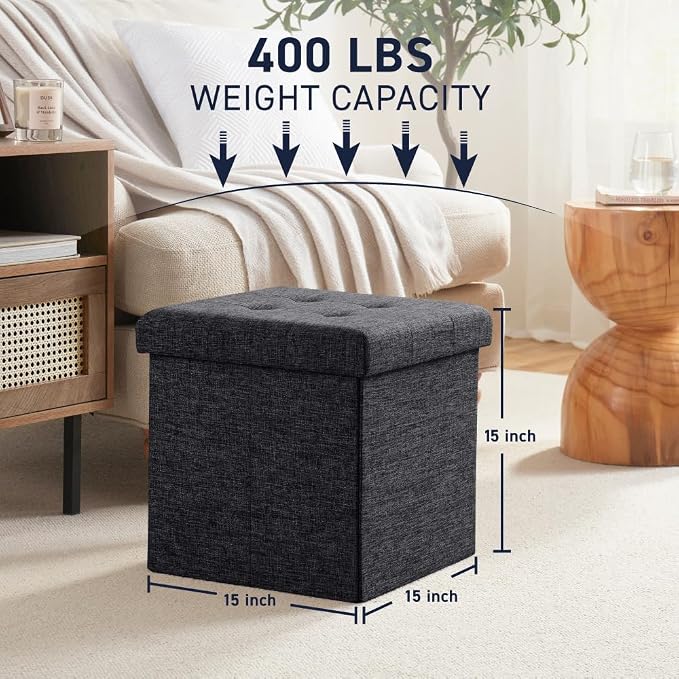 Ornavo Home 2 Pack 15 Inch Folding Storage Ottoman, Square Cube Linen Small - Image 3