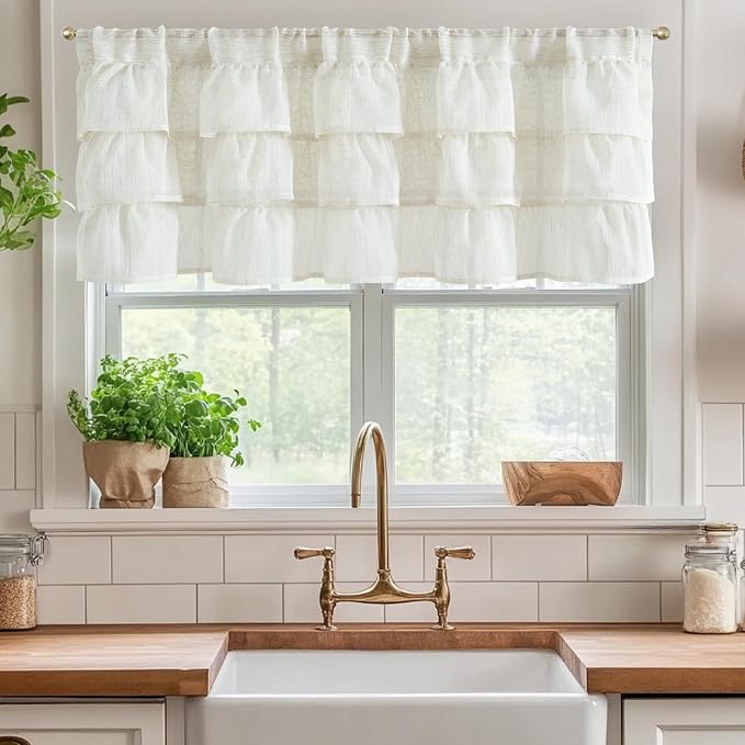 jinchan Ruffled Valance Curtain Slubbed Crossed Hatch Kitchen Valance - Image 2