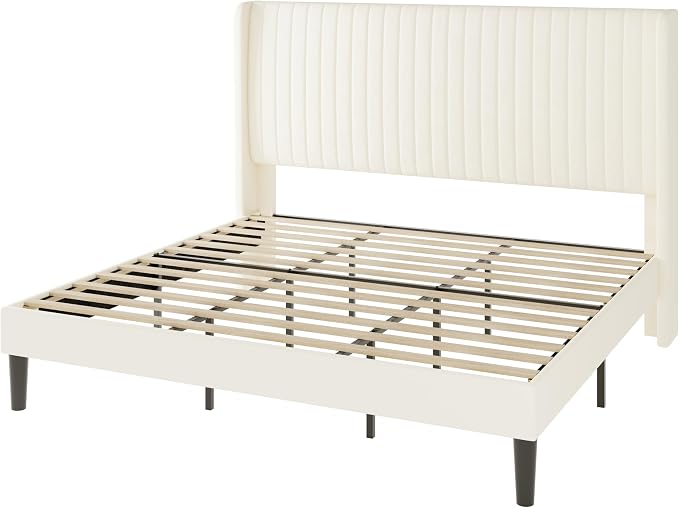 Allewie King Size Velvet Bed Frame/Vertical Channel Tufted Wingback - Image 9