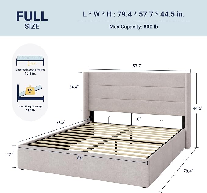 Allewie Full Size Lift Up Storage Bed, Modern Wingback Headboard, Hydraulic - Image 2