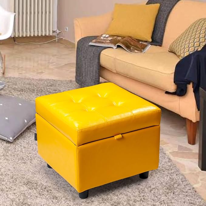 H&B Luxuries Tufted Leather Square Flip Top Storage Ottoman Cube Foot Rest - Image 2