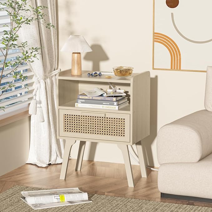 Lerliuo Rattan Nightstand with Charging Station, Side Table with Drawer Open - Image 4