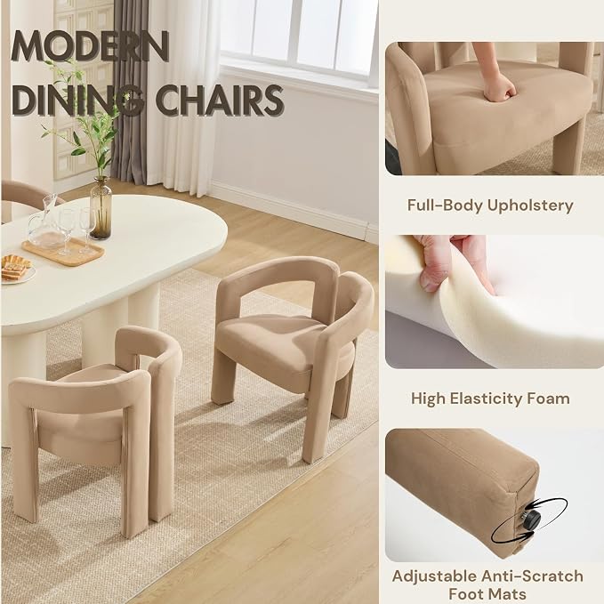 Hyfirm Upholstered Barrel Dining Chair Set of 1, Khaki Velvet Kitchen Accent - Image 6