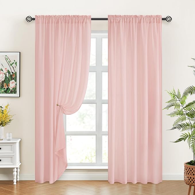 HOMEIDEAS Non-See-Through Blush Pink Privacy Sheer Curtains, 52 X 72 Inches - Image 2