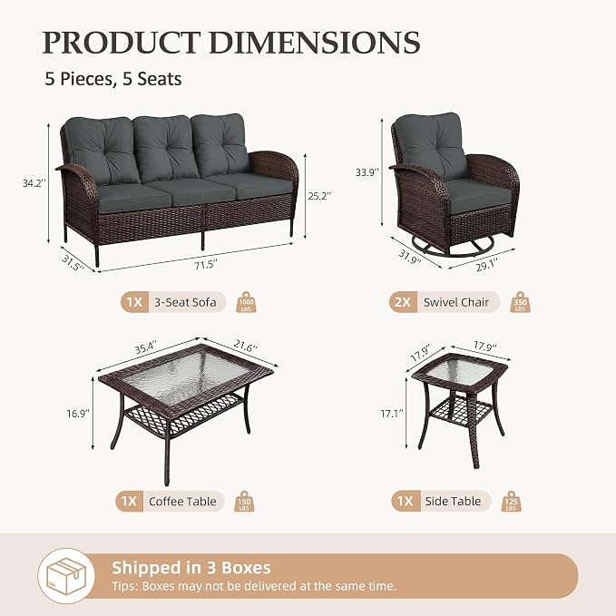 UPHA 5 Pieces Patio Furniture Sets, Wicker Outdoor 3-Seat Sofa Set - Image 2