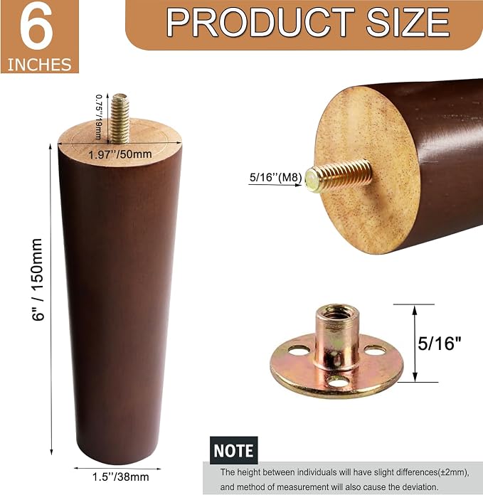 Yaliuliu 6 Inches Round Solid Wood Furniture Legs Set of 4, TV Stand, Ottoman - Image 3