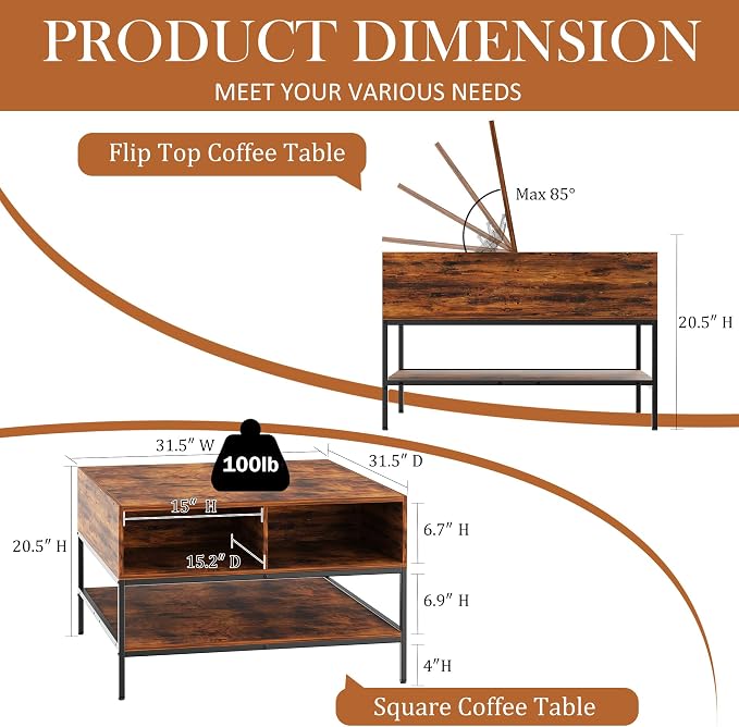 Farmhouse Coffee Table with Hidden Storage 32 in, Square Wood Living Room - Image 2