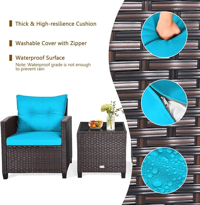 HAPPYGRILL 3 Pieces Patio Conversation Set, Outdoor Furniture Set PE Rattan - Image 5