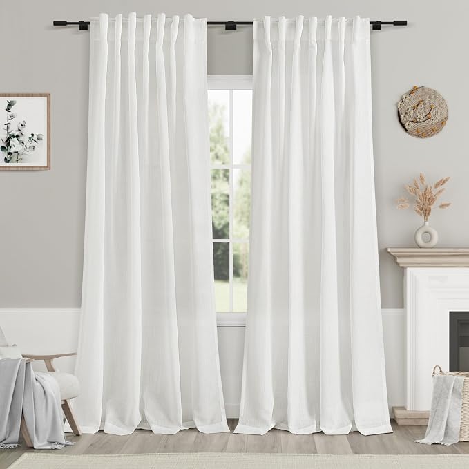 Nanspring White Linen Curtains 98 Inches Long 2 Panels Set Back Tab Rod Pocket by Nanspring