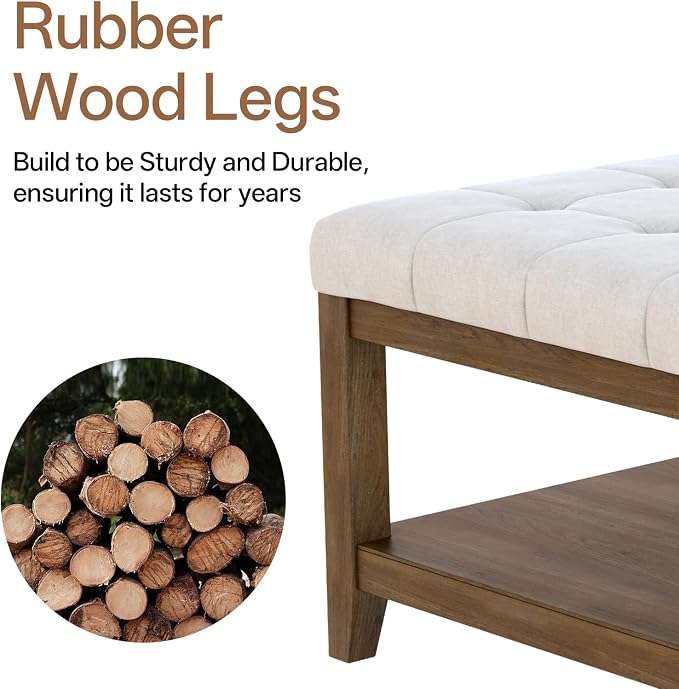 ABHENG 31.5” Large Square Storage Ottoman, Upholstery Solid Rubberwood Coffee - Image 4