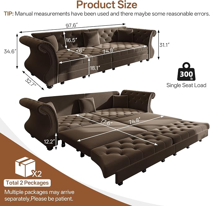 97.6" Oversized Pull Out Sofa Bed, Chesterfield Velvet Sleeper Sofa Couch - Image 2