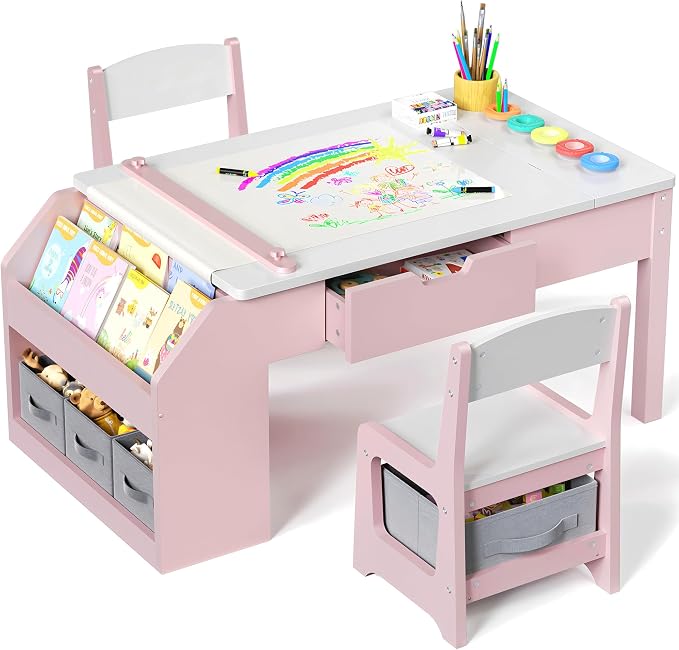 5-in-1 Kids Art Table and Chairs, Wood Toddler Table and Chair Set by JOCOEVOL