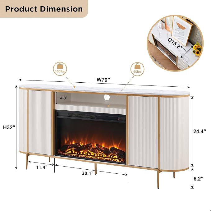 OKD Luxury 70" Fluted Fireplace TV Stand, Modern Chic Entertainment Center - Image 6