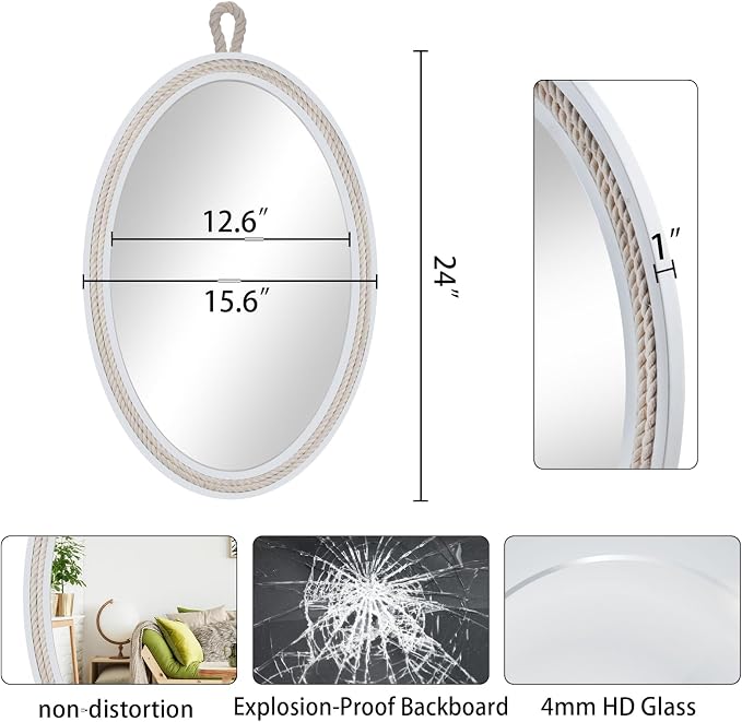 Oval Mirrors for Wall Decor Small White Nautical Rope Mirror Hanging Decorative - Image 4