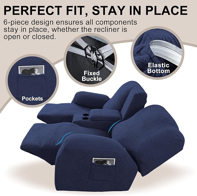 Recliner Loveseat Covers with Console, 6-Piece Stretch Geometric Strokes - Image 4