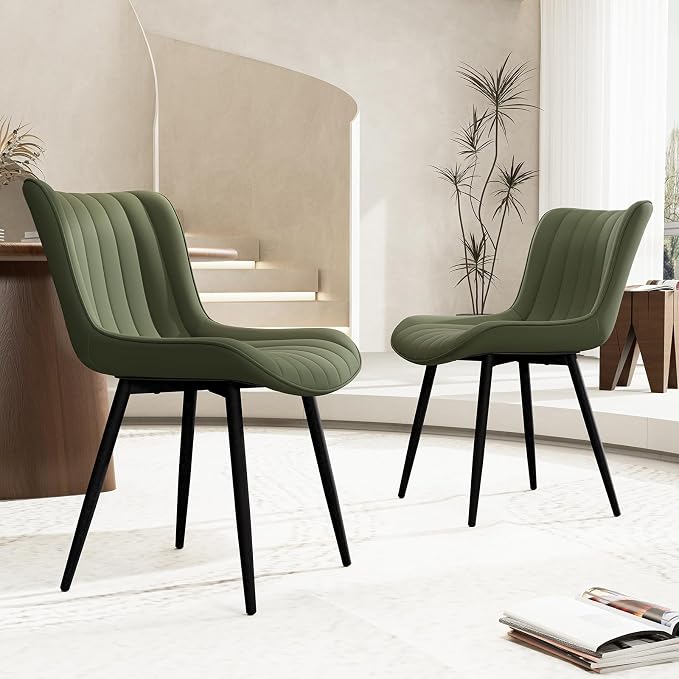 YOUNUOKE Mid-Century Modern Dining Chairs Set of 2, Olive Green Faux Leather - Image 9