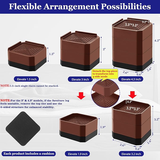 Bed Risers Heavy Duty, Adjustable Furniture Riser Blocks Lift 1.5, 4.3 inches - Image 2