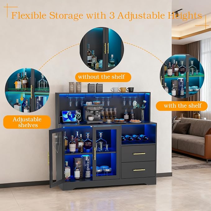 Home Bar Cabinet with Adjustable RGB LED Light, Wine & Coffee Storage with Rack - Image 8