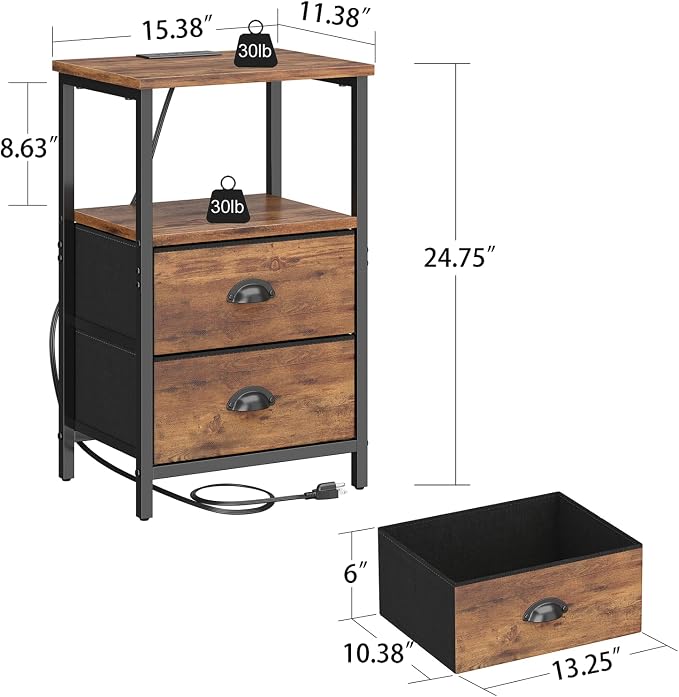 Sthmec Rustic Brown Industrial Nightstand Set of 2, Bedside Table - Image 3