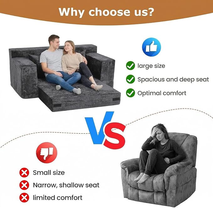 Loveseat Sofa Bed, Convertible Silky Velvet 5-in-1 Foldable Boneless Sleeper - Image 6