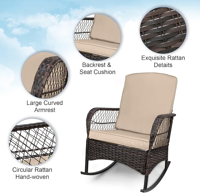 LEVELEVE 3 pcs Rocking Bistro Set Conversation Chairs PE Wicker Outdoor Rocking - Image 3