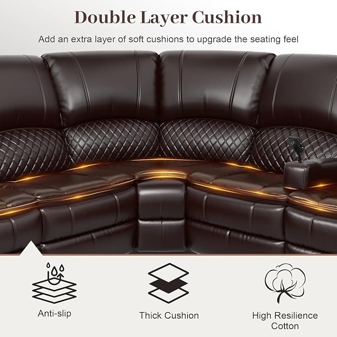 Yolsali Manual Reclining Sectional Sofa Set, 7 Seats Soft Leather Recliner - Image 4